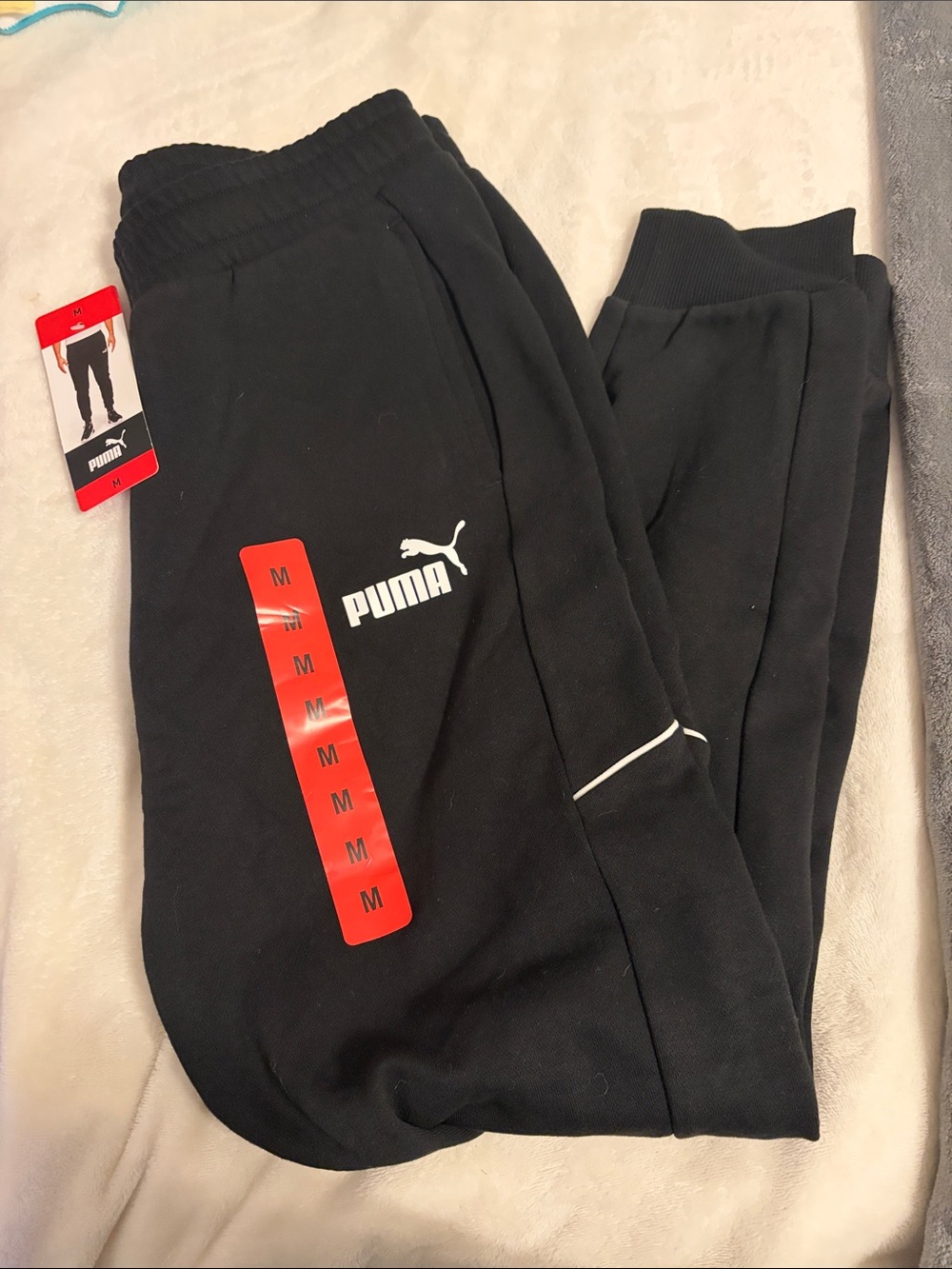NWT Puma Pipe sports jogger Black Jogger Sweatpants with White Logo Accents